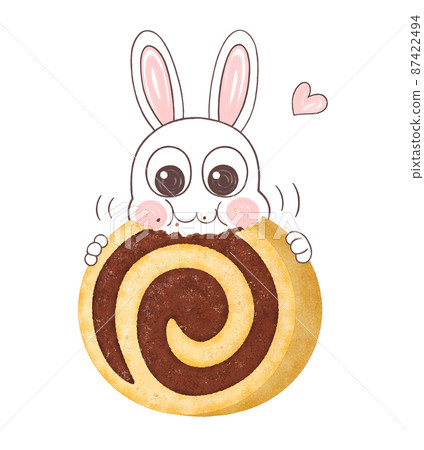 一隻兔子吃可可和普通漩渦餅乾的插圖 87422494