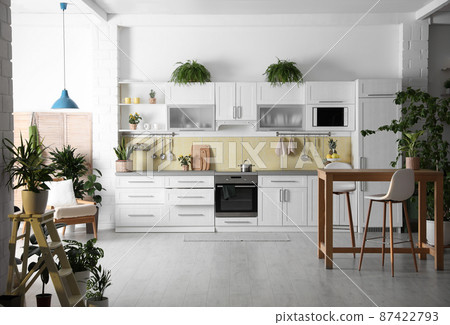 Stylish kitchen interior with green plants. Home decoration 87422793