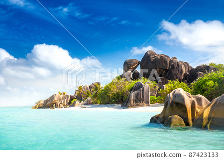 Anse Source D'Argent - the most beautiful beach of Seychelles. La Digue Island, Seychelles 87423133