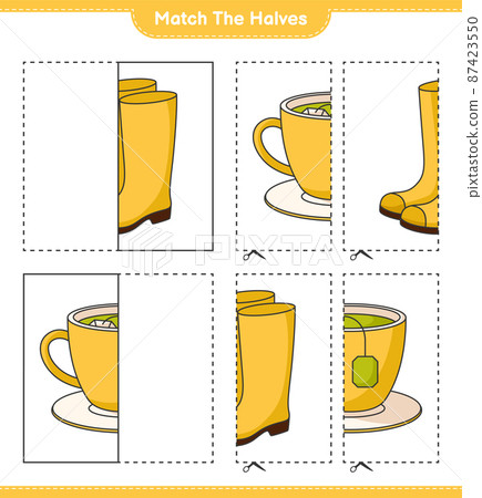 Match the halves. Match halves of Rubber Boots and Tea Cup. Educational children game, printable worksheet, vector illustration Match the halves. Match halves of Rubber Boots and Tea Cup. Educational children game, printable worksheet, vector illustration 87423550