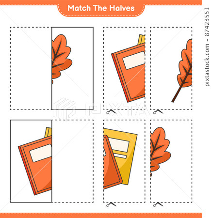 Match the halves. Match halves of Oak Leaf and Book. Educational children game, printable worksheet, vector illustration Match the halves. Match halves of Oak Leaf and Book. Educational children game, printable worksheet, vector illustration 87423551