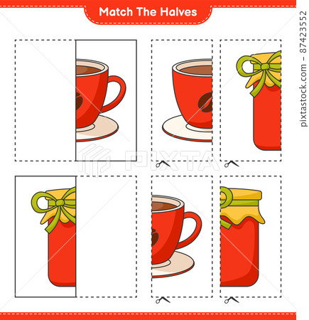 Match the halves. Match halves of Jam and Coffee Cup. Educational children game, printable worksheet, vector illustration Match the halves. Match halves of Jam and Coffee Cup. Educational children game, printable worksheet, vector illustration 87423552