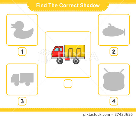 Find the correct shadow. Find and match the correct shadow of Lorry. Educational children game, printable worksheet, vector illustration Find the correct shadow. Find and match the correct shadow of Lorry. Educational children game, printable worksheet, vector illustration 87423656
