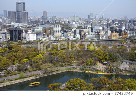 有櫻花和大阪都市風景的大阪城公園 有櫻花和大阪都市風景的大阪城公園 87423749