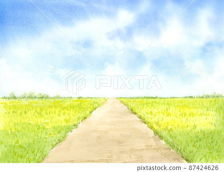 大草原水彩畫上的一條路風景 87424626