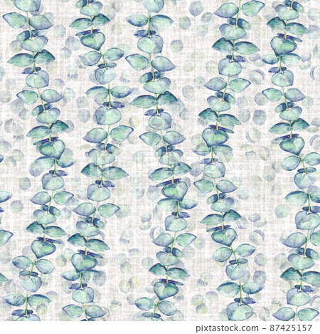 Seamless linen background with watercolor eucalyptus branches. 87425157