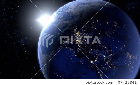 從太空看到的歐洲地球夜景的 3D 渲染 從太空看到的歐洲地球夜景的 3D 渲染 87429841