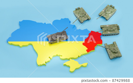 Russia-Ukraine tensions escalate at Donbass region border , 3D rendering. Russia-Ukraine tensions escalate at Donbass region border , 3D rendering. 87429988
