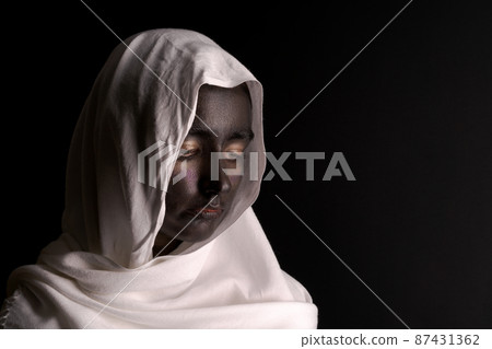 Art Processing creative portrait girl in white chalet. Portrait beautiful woman Art Processing creative portrait girl in white chalet. Portrait beautiful woman 87431362