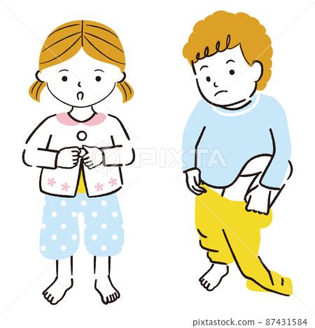 幼兒園兒童換衣服的線條藝術彩色插圖 幼兒園兒童換衣服的線條藝術彩色插圖 87431584