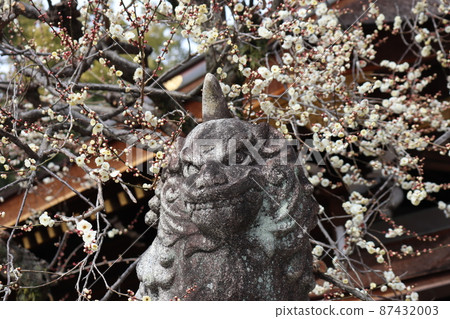 A landscape with a stone statue of a unicorn surrounded by white plum blossoms that bloom in white 87432003