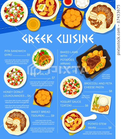 Greek cuisine vector menu Greek salad, baked lamb with potatoes arnaki kleftiko. Yogurt sauce tzatziki, honey donut loukoumades, pita sandwich gyro. Sweet bread tsoureki broccoli and feta cheese pasta 87433675