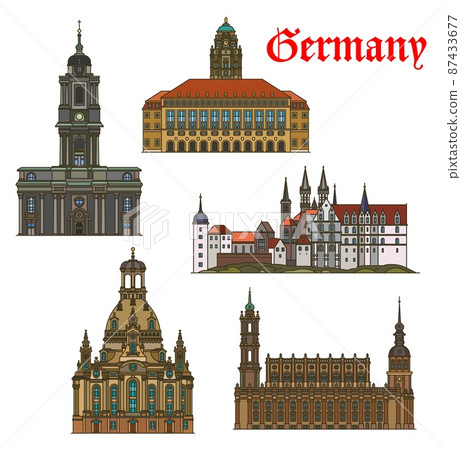Germany buildings and architecture landmarks of Dresden, vector cathedrals and churches. German Dresden Kreuzkirche or Holy Cross Church, Frauenkirche, Cathedral dom and Albrechtsberg Castle Schloss Germany buildings and architecture landmarks of Dresden, vector cathedrals and churches. German Dresden Kreuzkirche or Holy Cross Church, Frauenkirche, Cathedral dom and Albrechtsberg Castle Schloss 87433677