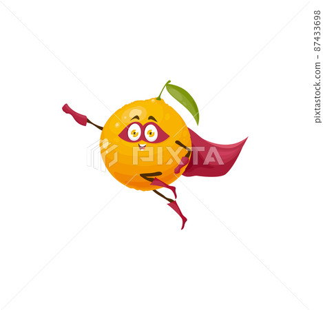 Funny cartoon orange fruit superhero character. Vector citrus super hero flying personage in cape, boots, gloves and mask fly with raised arm. Fairy tale healthy food, isolated smiling tropical plant 87433698