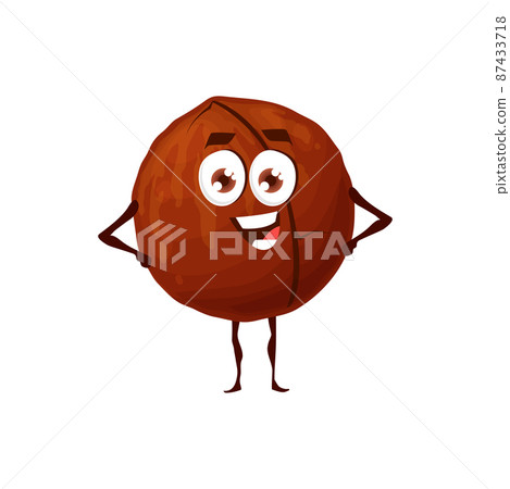 Macadamia cartoon nut character with funny face, vector kids character. Nuts and yummy food personage with smile, macadamia nut as organic natural food emoticon with cute face 87433718