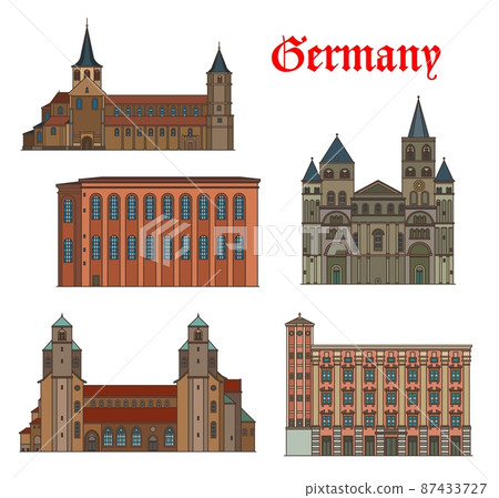 Germany vector buildings of Trier, Hildesheim and Linz, architecture and travel landmarks. Saint Peter church and Altes Rathaus in Linz, Liebfrauenkirche, Michaeliskirche and Trierer Dom cathedral 87433727