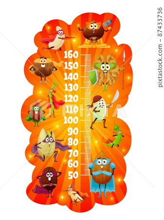 Kids height chart with nuts superhero characters, vector growth meter. Height measure chart or baby tall ruler. Cartoon superhero peanut, pistachio, almond and coffee bean, walnut and cashew in capes Kids height chart with nuts superhero characters, vector growth meter. Height measure chart or baby tall ruler. Cartoon superhero peanut, pistachio, almond and coffee bean, walnut and cashew in capes 87433736