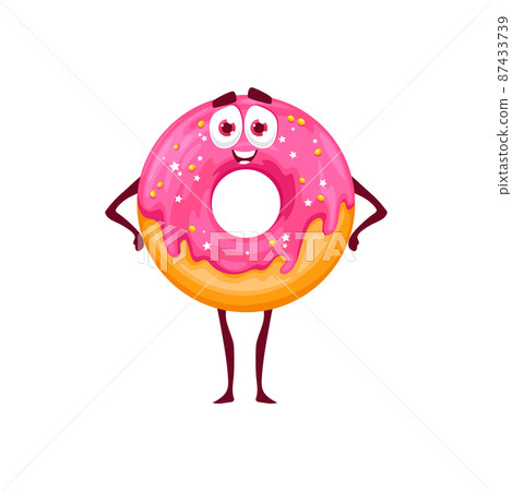 Cartoon pink donut dessert character, vector bakery personage with funny face stand with arms akimbo. , Bakehouse production, fairy tale freshly baked donut with glaze and sprinkles. Bake house pastry Cartoon pink donut dessert character, vector bakery personage with funny face stand with arms akimbo. , Bakehouse production, fairy tale freshly baked donut with glaze and sprinkles. Bake house pastry 87433739