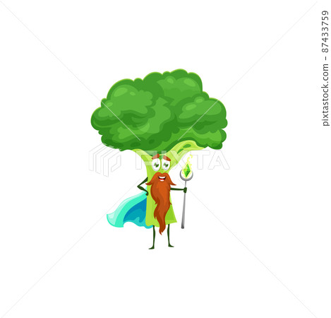Cartoon bearded broccoli vegetable magician character. Farm vegetable sorcerer vector mascot, broccoli wizard funny character wearing cape, holding scepter with precious magic gemstone Cartoon bearded broccoli vegetable magician character. Farm vegetable sorcerer vector mascot, broccoli wizard funny character wearing cape, holding scepter with precious magic gemstone 87433759