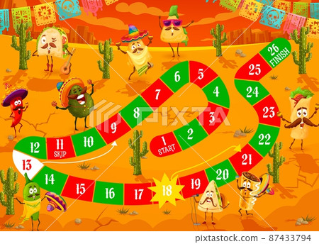Kids boardgame and cartoon funny mexican food characters. Kindergarten child dice game. Playing activity, cartoon vector move board game with chili pepper, nachos and avocado, tacos, burrito in desert Kids boardgame and cartoon funny mexican food characters. Kindergarten child dice game. Playing activity, cartoon vector move board game with chili pepper, nachos and avocado, tacos, burrito in desert 87433794