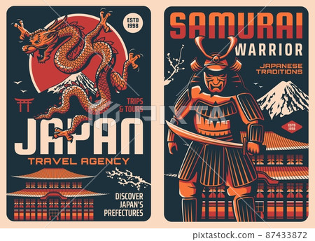 Japan retro travel posters with Japanese landmarks, culture and traditions,. Tours to Fuji mount and Torii gate, Buddhism pagoda with sakura, samurai warrior and dragon Japan retro travel posters with Japanese landmarks, culture and traditions,. Tours to Fuji mount and Torii gate, Buddhism pagoda with sakura, samurai warrior and dragon 87433872