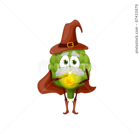 Broccoli vegetable wizard with magic glass ball in hands, brown cape and hat isolated cartoon character. Vector funny green veggie with face, smiling emoticon fairy sorcerer, kids children farm food 87433879