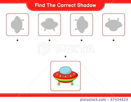 Find the correct shadow. Find and match the correct shadow of Ufo. Educational children game, printable worksheet, vector illustration Find the correct shadow. Find and match the correct shadow of Ufo. Educational children game, printable worksheet, vector illustration 87434829
