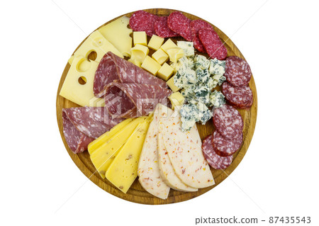 Antipasti platter with assortment of italian salami and cheese isolated on white background. Top view 87435543