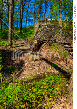 Small forged iron bridge in the Krasnokutsk park, Kharkiv region, Ukraine Small forged iron bridge in the Krasnokutsk park, Kharkiv region, Ukraine 87435966