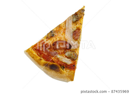 Slice of pizza with sausage, mushrooms and cheese isolated on white background Slice of pizza with sausage, mushrooms and cheese isolated on white background 87435969
