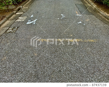 A asphalt road with faint letters on the asphalt road 87437139