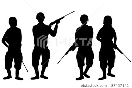 Silhouettes of four soldiers holding rifles, wars and sabbage Silhouettes of four soldiers holding rifles, wars and sabbage 87437141