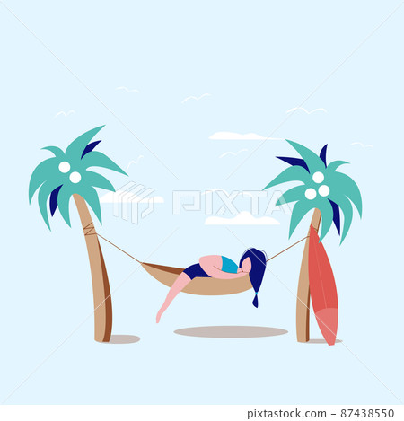 Young Woman is resting on the sea in a hammock Young Woman is resting on the sea in a hammock 87438550