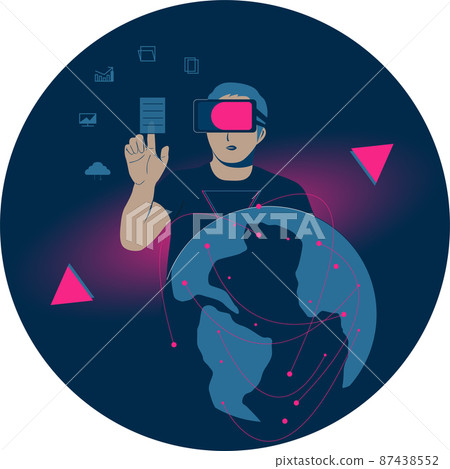 A man wearing virtual reality glasses in the metaverse A man wearing virtual reality glasses in the metaverse 87438552