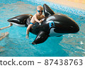 Toddler child swimming on inflatable whale on the water. Kid playing and learning to swim dive with equipment and toys in swimming pool in goggles. Boy doing early physicals development activities 87438763