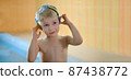 Happy cute toddler child near the pool side smiling in goggles after swimming lesson indoor. Physical development and healthy water activities for kids 87438772