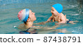 Early age swimming in pool. Baby boy trained to swim in water. Happy child with trainer woman in indoor swimming pool playing and having fun. Healthy and sport family with infant, active parent 87438791