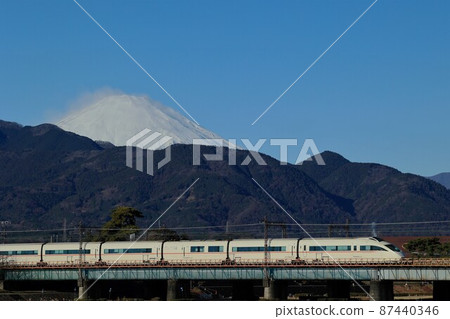 VSE romance car crossing the Sakawa River bridge with Mt. Fuji holding snow in the background 87440346