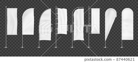 Realistic white beach flag. Advertising cloth banner on vertical flagpole, waving promotion fabric. Vector set illustrations realistic blank canvas flag Realistic white beach flag. Advertising cloth banner on vertical flagpole, waving promotion fabric. Vector set illustrations realistic blank canvas flag 87440621