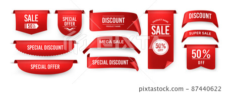 Ribbon price tag. Sale and special offer red label, offer sticker . Vector isolated set images collection badges retail Ribbon price tag. Sale and special offer red label, offer sticker . Vector isolated set images collection badges retail 87440622