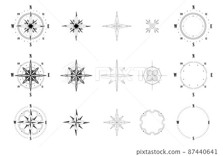 Compass dial and arrow. Construction kit of wind rose and vintage nautical compass symbol. Vector direction meter isolated set nautical direction navigator ship 87440641
