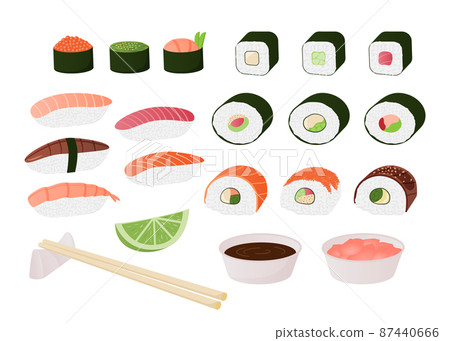 traditional Japanese meal with spicy seafood, tuna salmon and shrimps. Vector isolated set illustrations delicious dish sushi traditional Japanese meal with spicy seafood, tuna salmon and shrimps. Vector isolated set illustrations delicious dish sushi 87440666