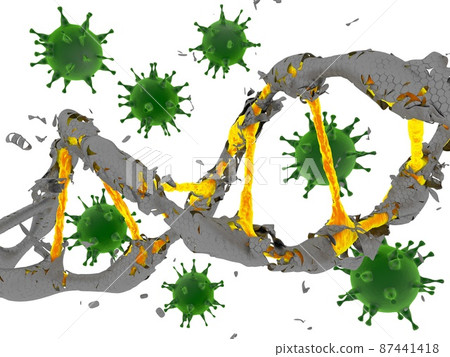 Green viruses with a DNA helix on a white background 87441418
