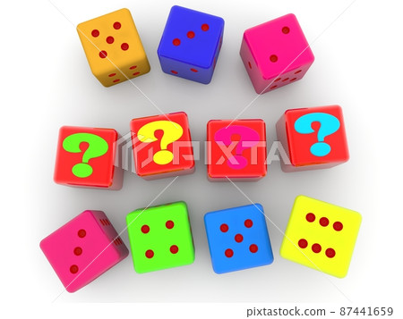 Colored question marks on red toy blocks between dice 87441659