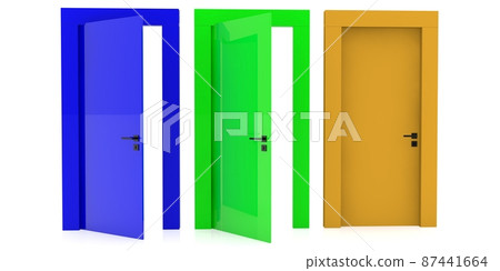 An open red door in the middle between the green doors An open red door in the middle between the green doors 87441664