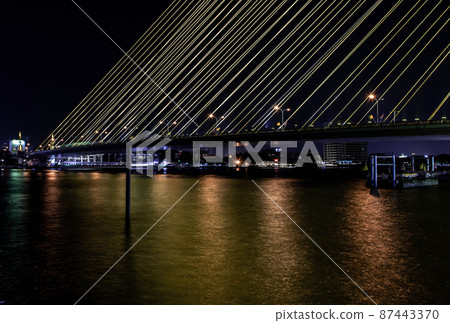 Rama VIII Bridge is a cable-stayed bridge crossing the Chao Phraya River at night in Bangkok, Thailand Rama VIII Bridge is a cable-stayed bridge crossing the Chao Phraya River at night in Bangkok, Thailand 87443370