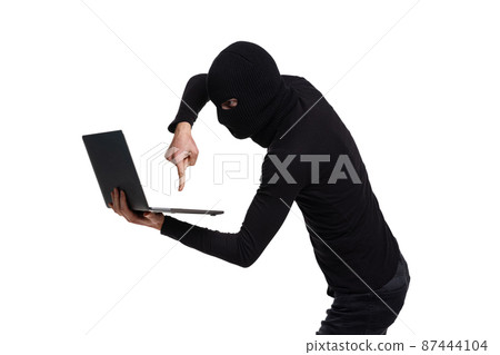 Portrait of young anonymous person wearing black outfit and balaclava isolated on white background. Concept of art, fashion, anti-terrorizm Portrait of young anonymous person wearing black outfit and balaclava isolated on white background. Concept of art, fashion, anti-terrorizm 87444104