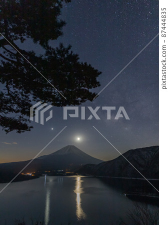 From Lake Motosu Nakanokura Pass View Point, the narrow moon, the Milky Way, and Mt. Fuji From Lake Motosu Nakanokura Pass View Point, the narrow moon, the Milky Way, and Mt. Fuji 87444835