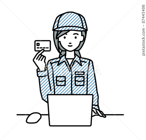 一名女工坐在辦公桌前,一邊拿著信用卡一邊使用電腦 一名女工坐在辦公桌前,一邊拿著信用卡一邊使用電腦 87445406