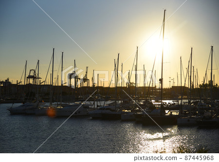 Luxury yacht and fishing motorboat in yacht club at Mediterranean Sea 87445968